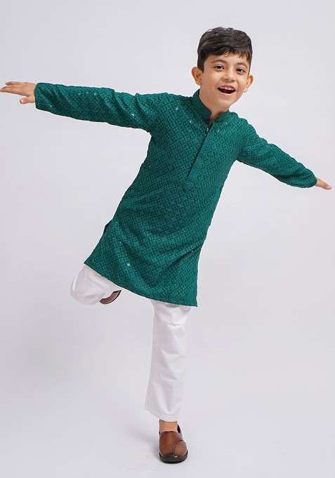 Green Embroidered Blended Kurta Set For Boys