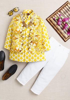 Mustard Printed Blended Nehru Jacket Set For Boys