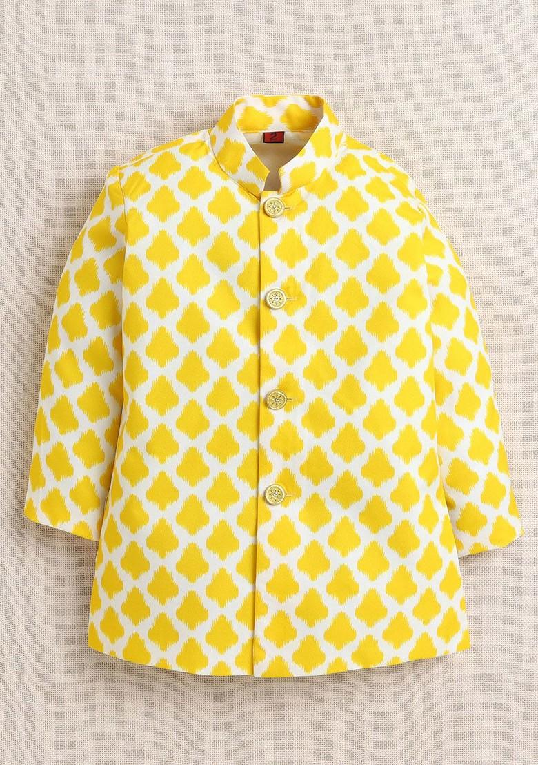 Mustard Printed Blended Nehru Jacket Set For Boys - Indya