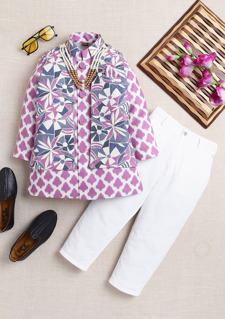 Lavender Printed Blended Nehru Jacket Set For Boys - Indya