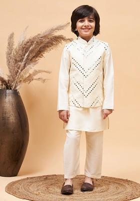 Cream Embroidered Blended Kurta Set For Boys