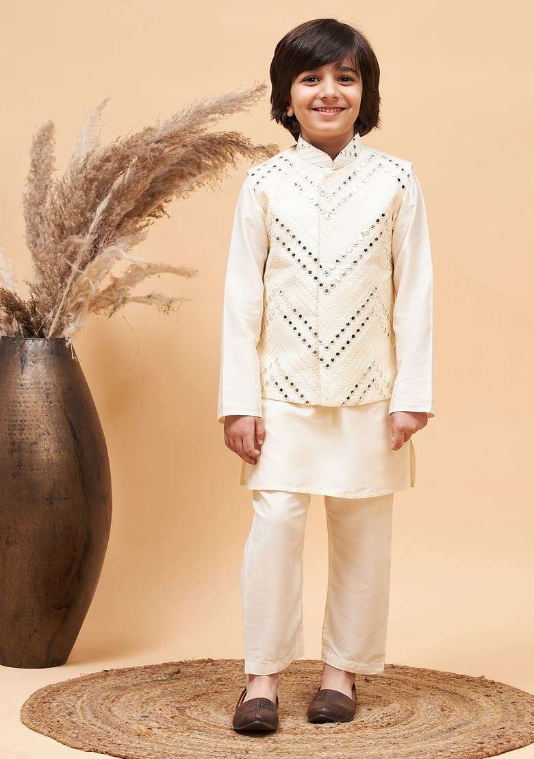 Cream Embroidered Blended Kurta Set For Boys - Indya