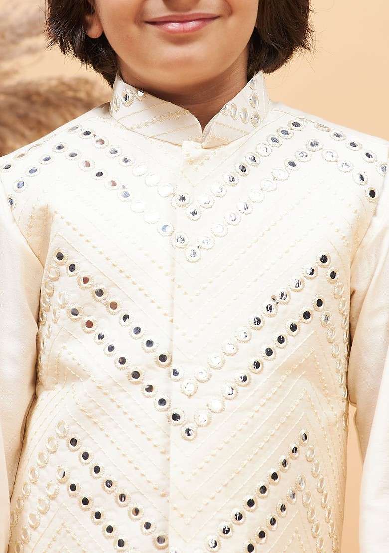 Cream Embroidered Blended Kurta Set For Boys - Indya