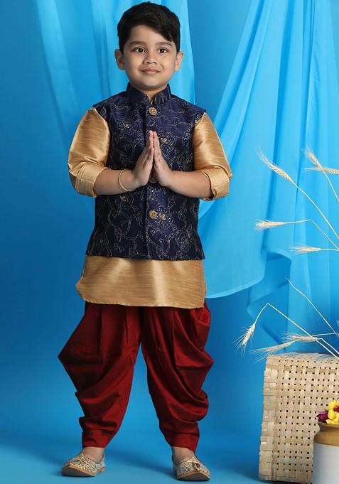 Gold Embroidered Blended Nehru Jacket Set For Boys — view on Indya