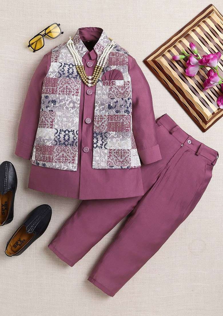 Pink Solid Blended Nehru Jacket Set For Boys - Indya