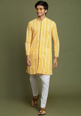 Yellow Embroidered Cotton Kurta Set For Boys