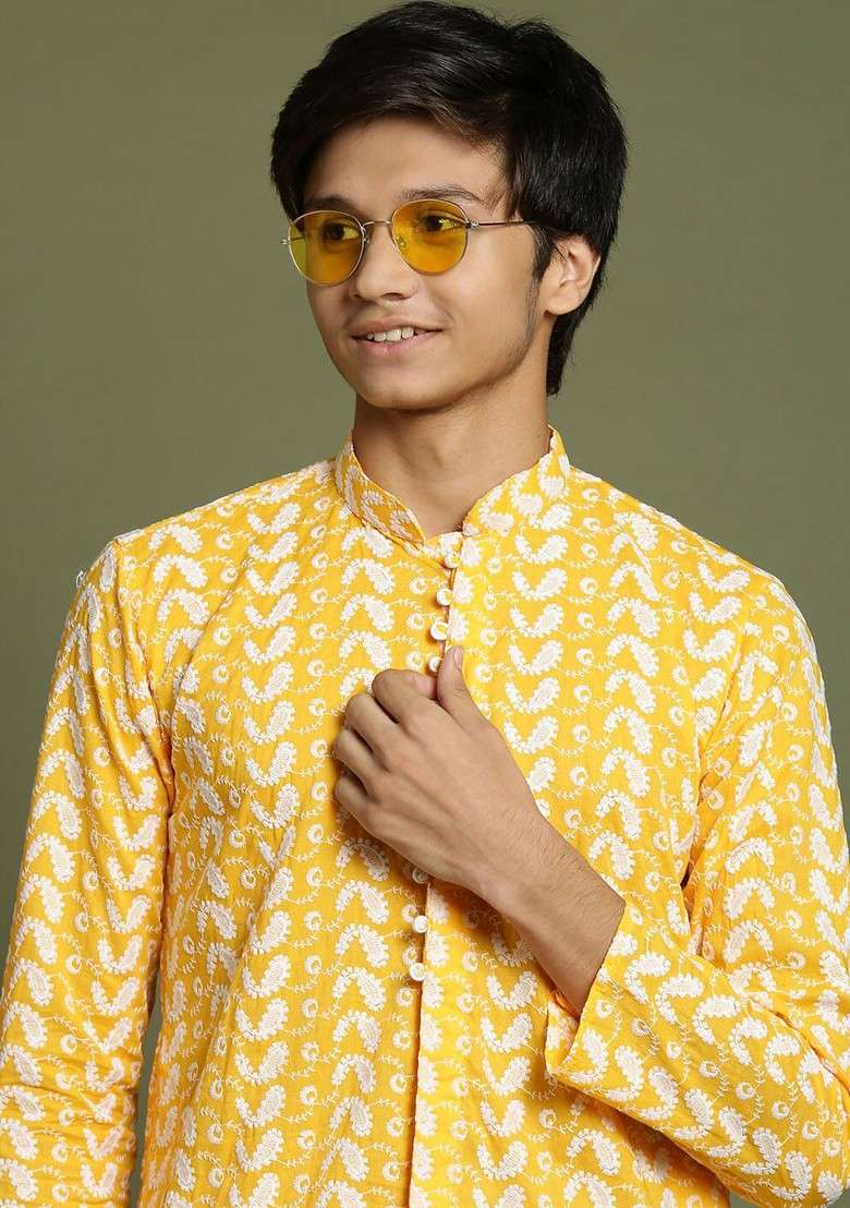 Yellow Embroidered Cotton Kurta Set For Boys - Indya