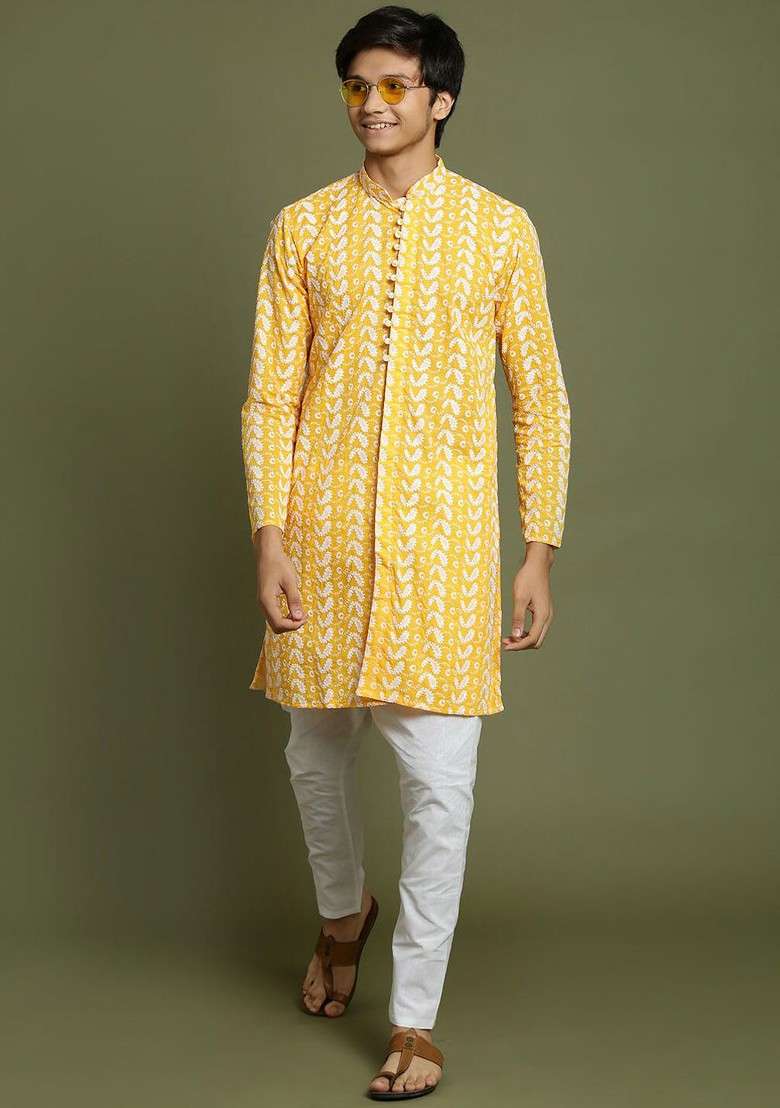 Yellow Embroidered Cotton Kurta Set For Boys - Indya