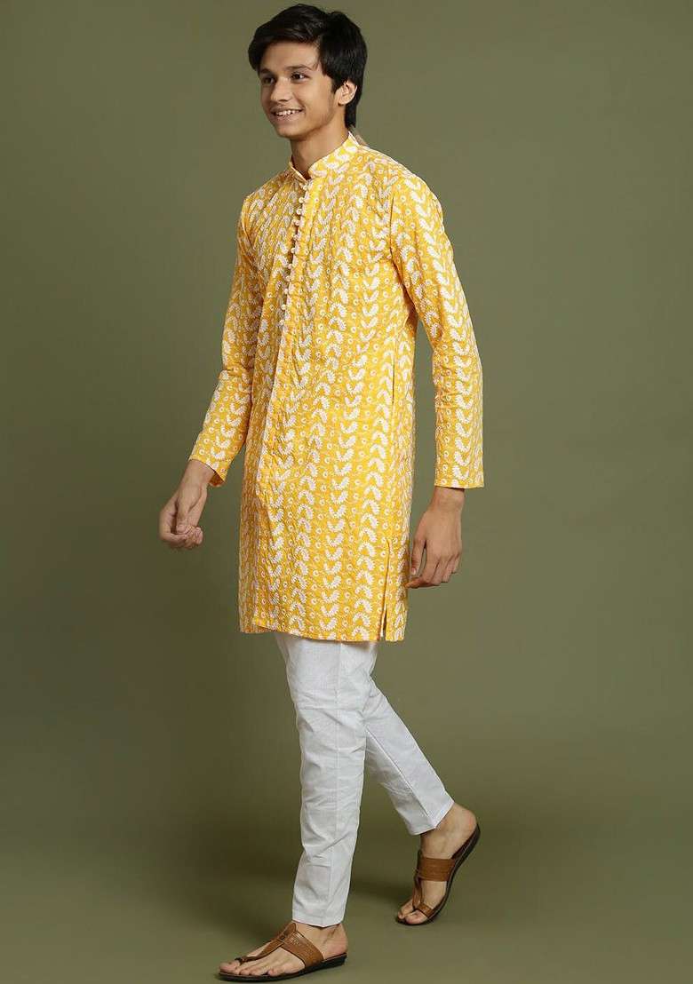Yellow Embroidered Cotton Kurta Set For Boys - Indya