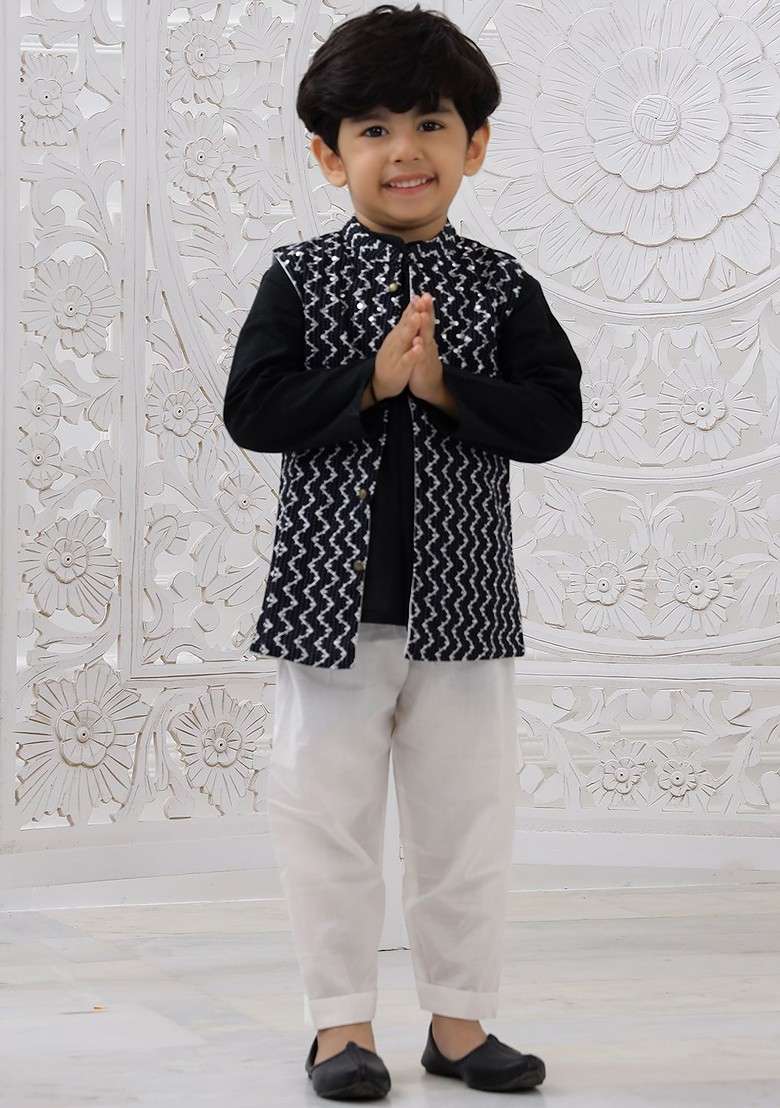 Black Embroidered Cotton Nehru Jacket Set For Boys - Indya