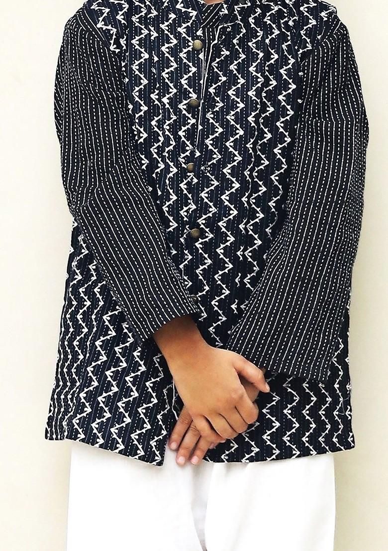 Black Embroidered Cotton Nehru Jacket Set For Boys - Indya