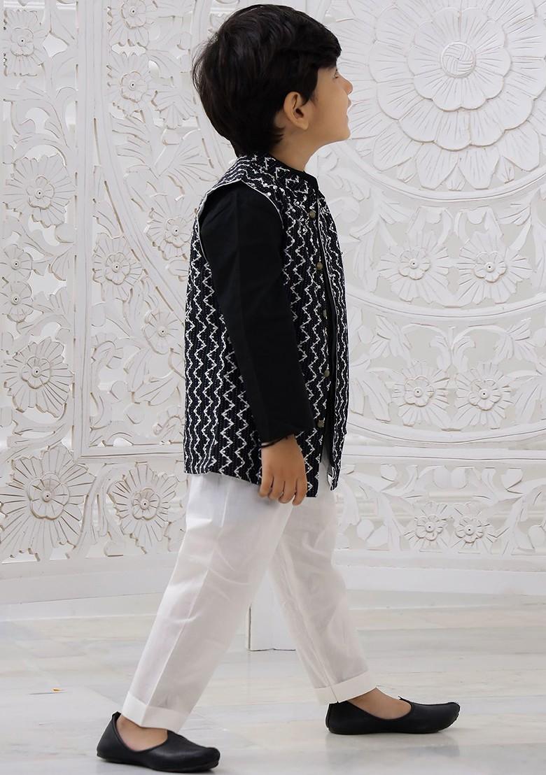 Black Embroidered Cotton Nehru Jacket Set For Boys - Indya