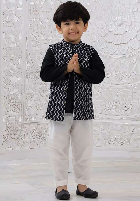 Black Embroidered Cotton Nehru Jacket Set For Boys