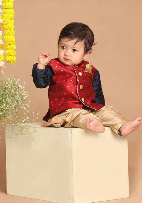 Navy Blue Embroidered Blended Nehru Jacket Set For Boys