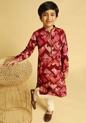 Maroon Printed Blended Kurta Set For Boys