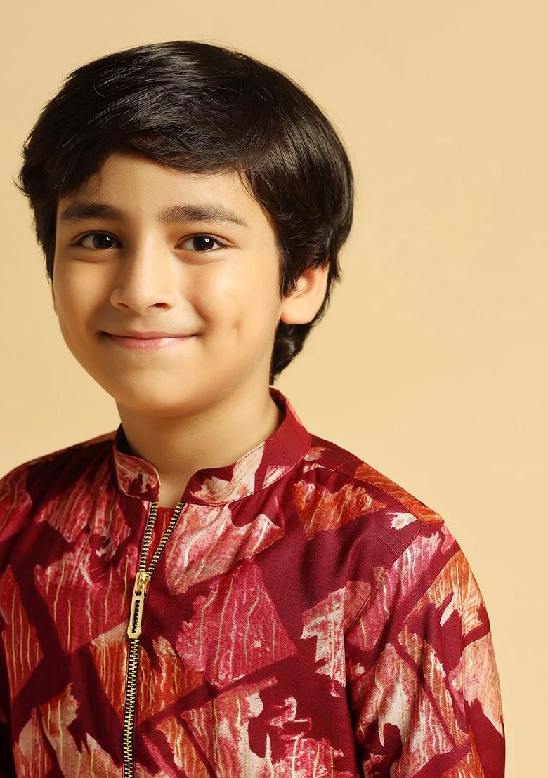Maroon Printed Blended Kurta Set For Boys - Indya