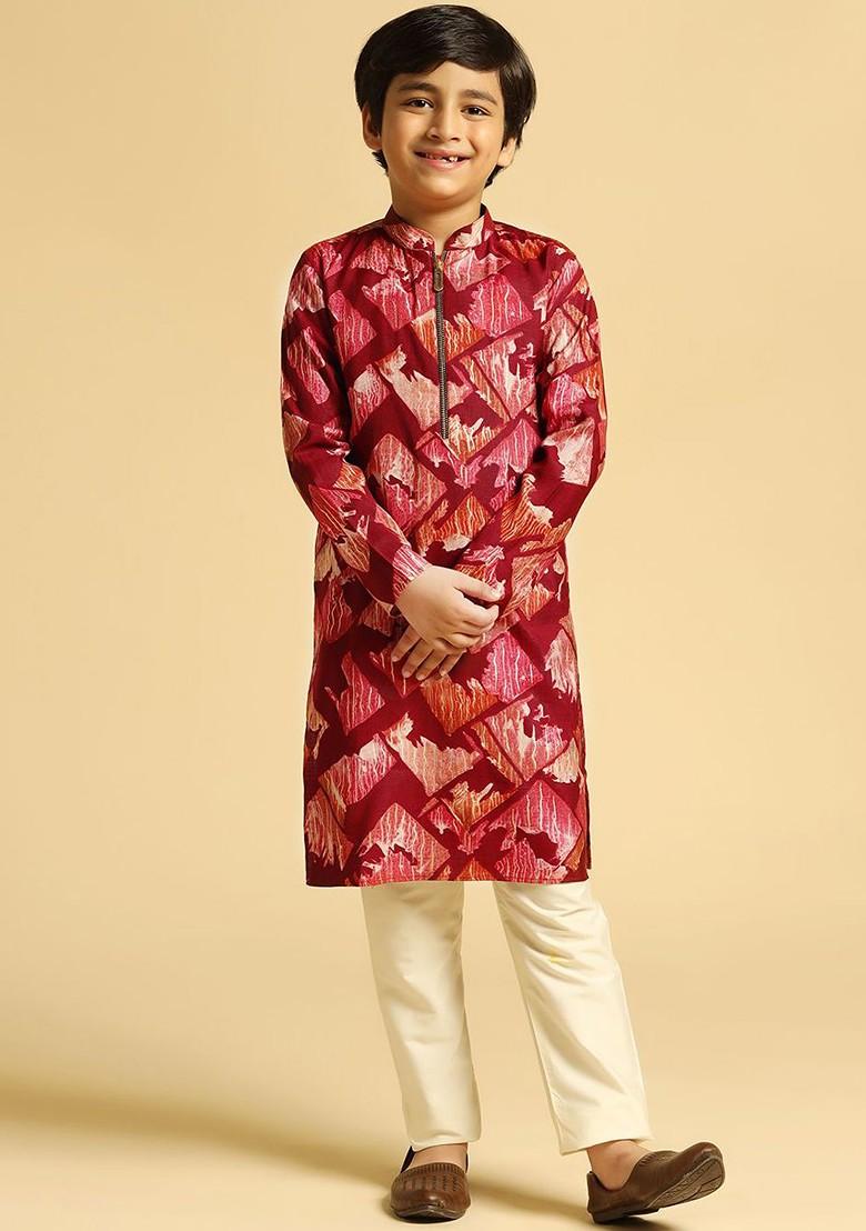 Maroon Printed Blended Kurta Set For Boys - Indya
