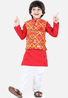 Red Printed Blended Kurta Set For Boys