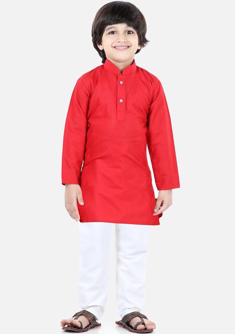 Red Printed Blended Kurta Set For Boys - Indya