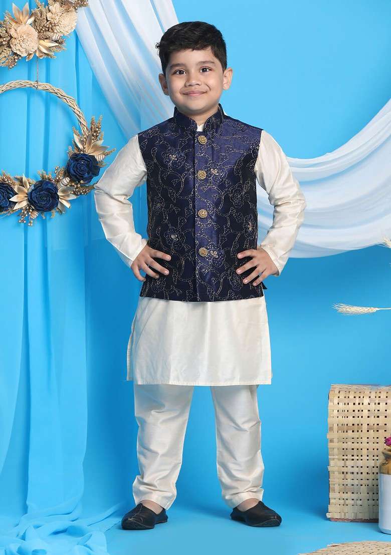 Cream Solid Blended Nehru Jacket Set For Boys - Indya