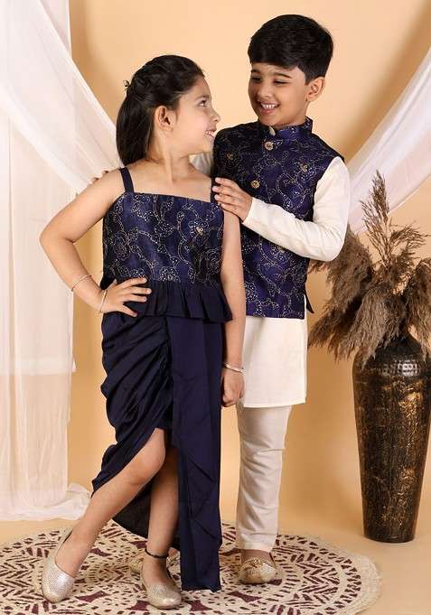 Cream Solid Blended Nehru Jacket Set For Boys