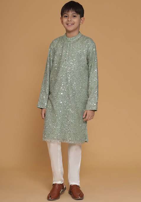 Green Embroidered Blended Kurta Set For Boys
