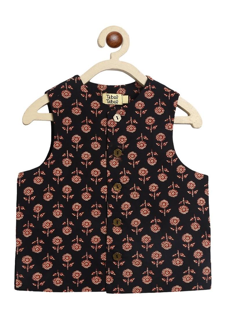 Black Printed Cotton Kurta Set For Boys - Indya