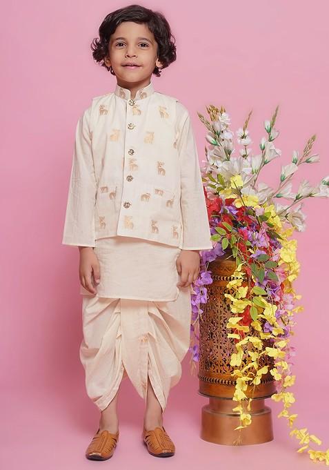 Cream Embroidered Cotton Nehru Jacket Set For Boys