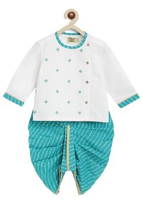 Blue Embroidered Cotton Kurta Dhoti Set For Boys