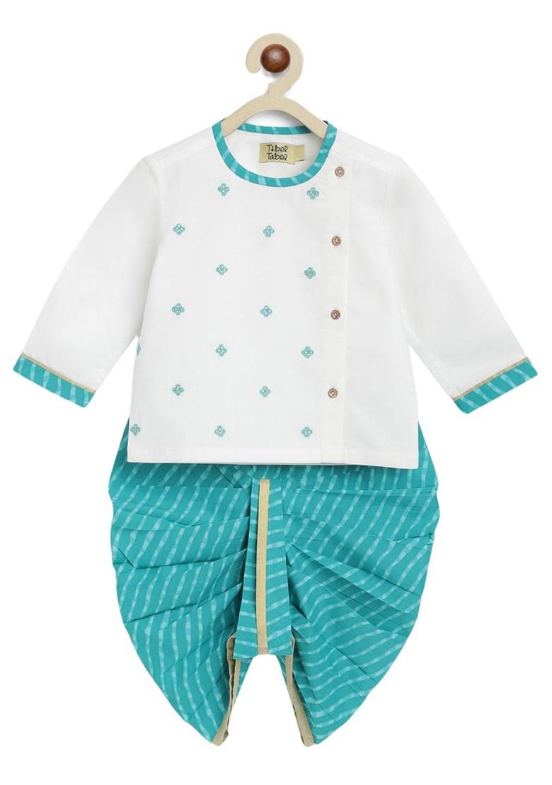 Blue Embroidered Cotton Kurta Dhoti Set For Boys - Indya