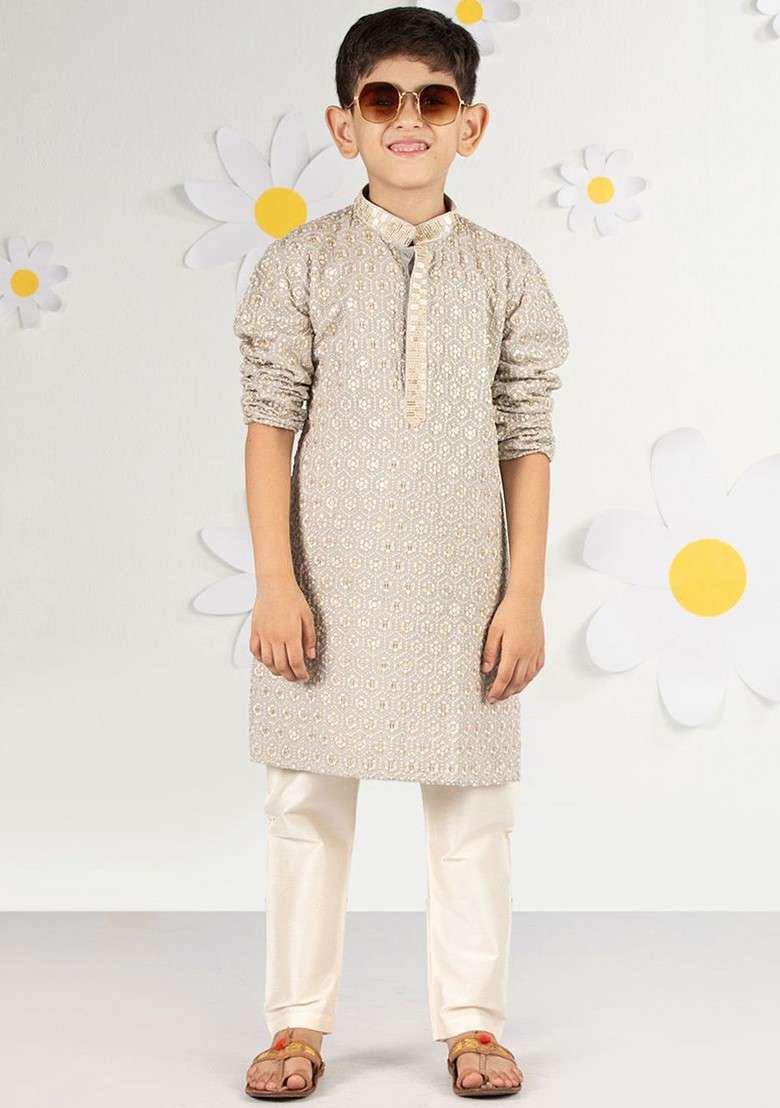 Grey Embroidered Blended Kurta Set For Boys - Indya