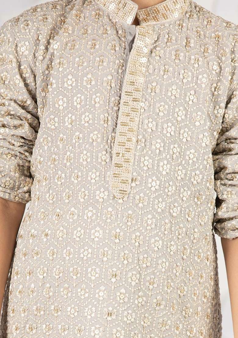 Grey Embroidered Blended Kurta Set For Boys - Indya