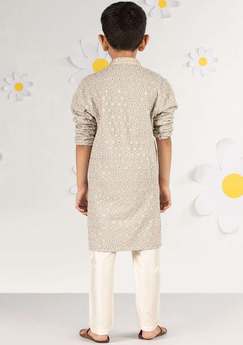 Grey Embroidered Blended Kurta Set For Boys - Indya
