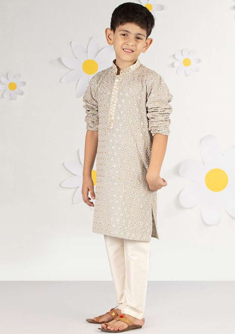 Grey Embroidered Blended Kurta Set For Boys - Indya