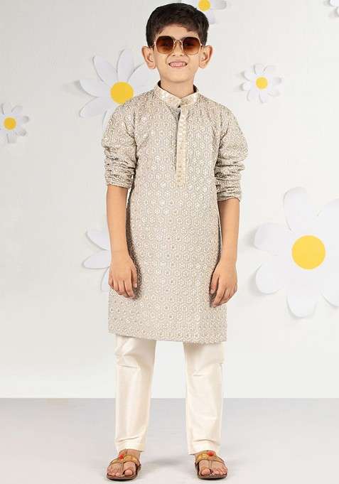 Grey Embroidered Blended Kurta Set For Boys