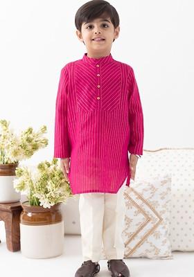 Pink Striped Blended Kurta Set For Boys