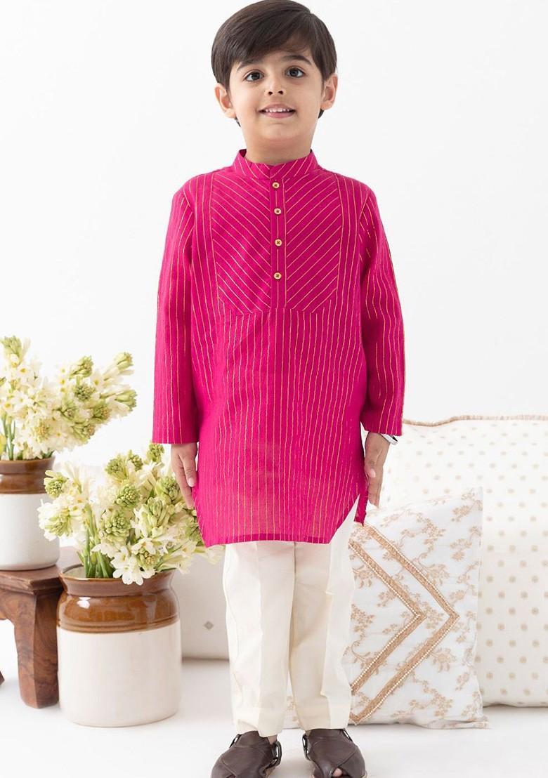 Pink Striped Blended Kurta Set For Boys - Indya
