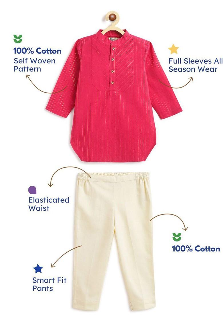 Pink Striped Blended Kurta Set For Boys - Indya