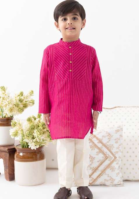 Pink Striped Blended Kurta Set For Boys