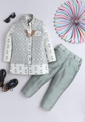 Green Printed Silk Kurta Set For Boys