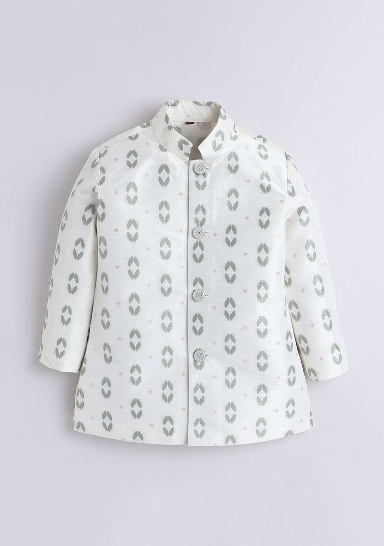 Green Printed Silk Kurta Set For Boys - Indya