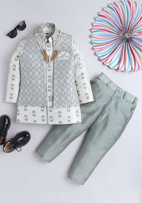 Green Printed Silk Kurta Set For Boys