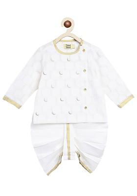 White Embroidered Blended Kurta Dhoti Set For Boys