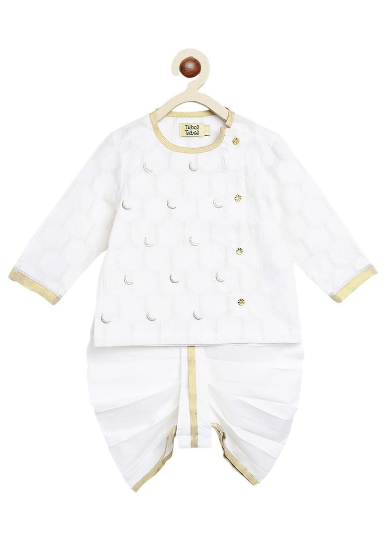White Embroidered Blended Kurta Dhoti Set For Boys - Indya