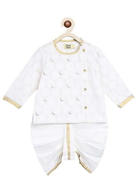 White Embroidered Blended Kurta Dhoti Set For Boys — view on Indya