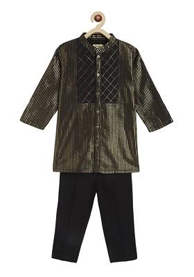 Black Striped Cotton Kurta Set For Boys