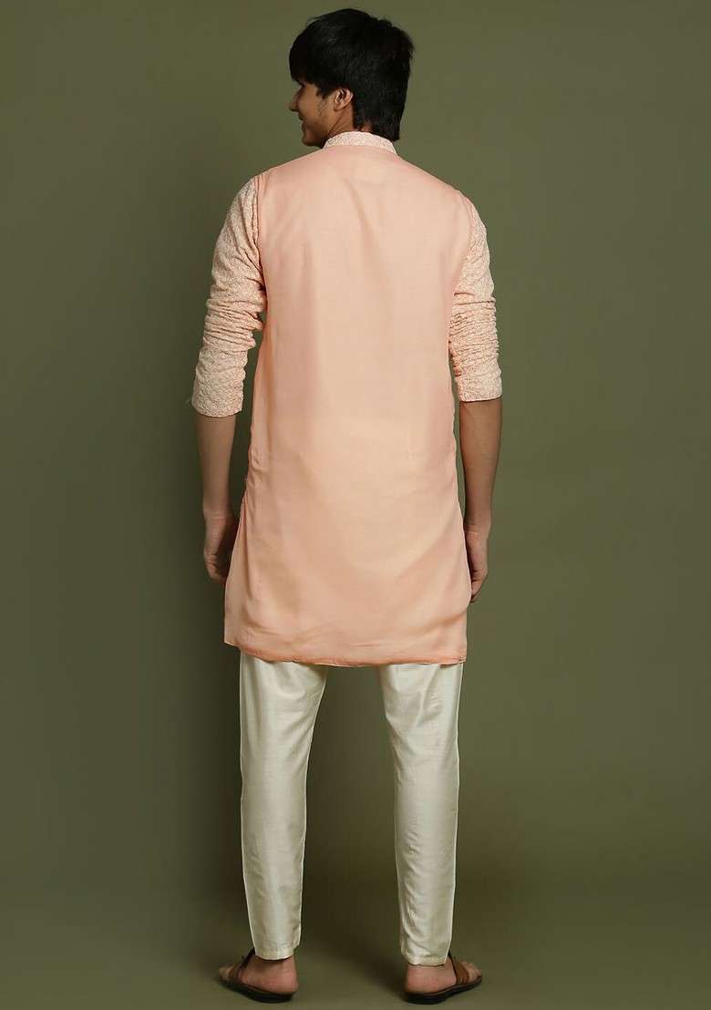 Pink Embroidered Blended Kurta Set For Boys - Indya