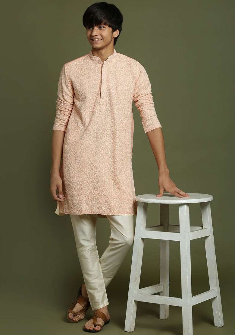 Pink Embroidered Blended Kurta Set For Boys - Indya