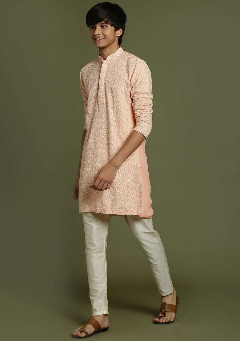 Pink Embroidered Blended Kurta Set For Boys - Indya