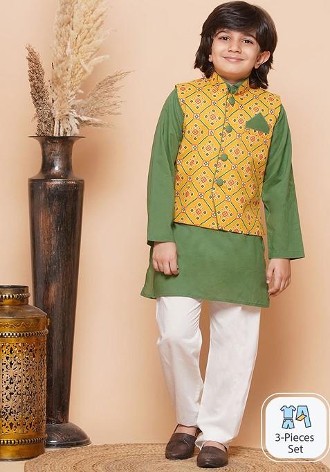 Green Embroidered Cotton Nehru Jacket Set For Boys — view on Indya